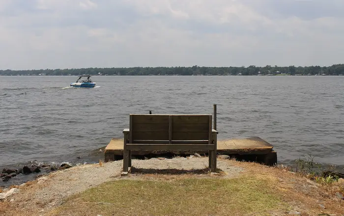 Lone bench along Lake Blackshear, Georgia Veterans State Park